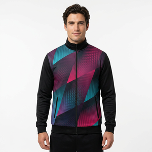 Unisex Long Eco-Friendly Geometric Print <b>Fleece</b> Jacket <b>Zipper</b> Closure Sporty Winter Outerwear Sublimation Polyester Material - Product Image 3