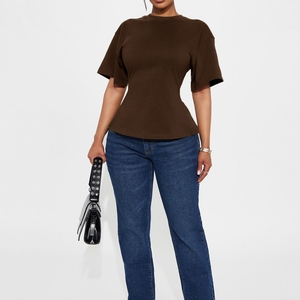 T-shirt côtelé marron uni pour femme, coupe droite, décontracté, avec fermeture éclair au dos, manches courtes, ourlet incurvé, style hip-hop, idéal pour la gym - Product Image 2