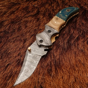 Couteau de poche pliant personnalisé en acier Damas, manche G10 Micarta, haute qualité 58HRC, utilitaire extérieur, avec étui en cuir – Fournisseur - Product Image 1