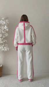 <b>Women</b> Color Block Hooded Zip Up Tracksuit Set Pink White Loose Fit Sweatshirt <b>Sweatpants</b> Two Piece - Product Image 4