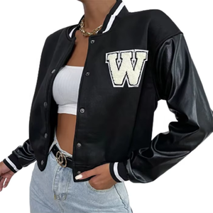 Hot Selling Women's Cropped Varsity Jacket Custom Logo Color Design Solid <b>Pattern</b> Streetwear Bomber Crop Top Varsity Jackets - Product Image 6