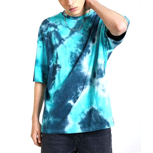 T-shirt à manches courtes pour homme de haute qualité, surdimensionné, tie-dye, col rond, tricoté, décontracté, motif bleu-vert, en coton - Product Image 1