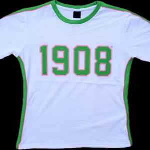 Chemise blanche haut de gamme pour femme, imprimé lettres grecques, bordure verte et rose, col rond, haut décontracté de qualité supérieure pour sororité, 1908 - Product Image 1