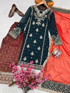 ชุดคุร์ติปาลาซโซดีไซเนอร์พร้อมผ้าคลุมไหล่สำหรับผู้หญิง |   ชุดงานเทศกาลผ้าจอร์เจตต์เทียมปักเลื่อมดิ้นทอง - Product Image 5