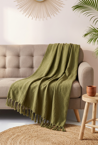 Plaid en coton vert olive avec pompons, motif uni rectangulaire, doux, toutes saisons, pour lit et canapé - Product Image 5