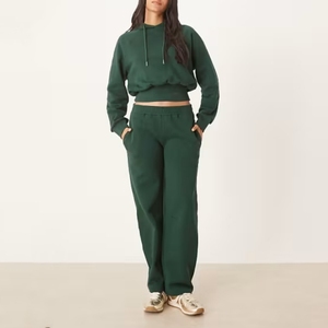 Sweat-shirt à capuche court vert pour femme, manches longues, couleur unie, tricoté en coton et fibre de bambou, idéal pour l'automne - Product Image 3