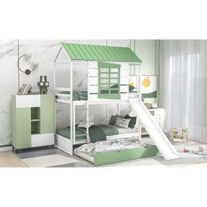 Letto a castello bianco e verde per bambini con scivolo convertibile e letto estraibile - Product Image 4