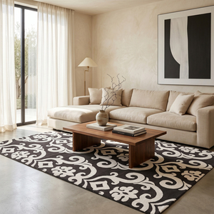 Tapis en laine tufté à la main ivoire noir et blanc, écologique, antidérapant, motif damassé floral traditionnel pour salon et hôtel - Product Image 4