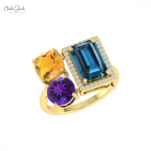 Anillo de Topacio Azul Londres, Citrino y Amatista con Corte Octogonal de 10x7mm, en Oro Sólido de 14k con Diamantes, Diseño Art Deco, Gran Venta - Product Image 1