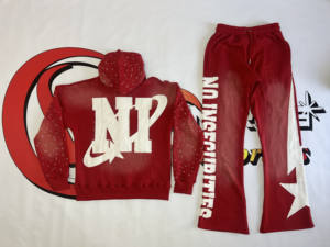 Heavyweight Puff Print <b>Zip</b> <b>up</b> <b>Hoodie</b> and Flared Sweatpants 100% Cotton Acid Wash Tracksuits for Men distressed embroidery - Product Image 3