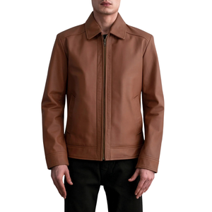 Custom Men's <b>Brown</b> <b>Leather</b> <b>Jacket</b> Classic Collar Premium Zip Up Coats OEM Private Label Apparel Manufacturer Wholesale Suppliers - Product Image 4