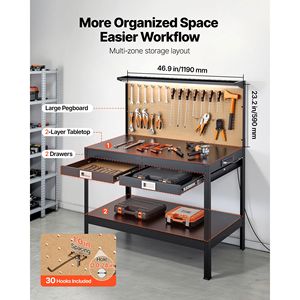 Banco da Lavoro in Legno Massiccio da 120 cm, Capacità 110 kg, 4 Prese AC e 2 Porte USB, Nuovo - Product Image 3