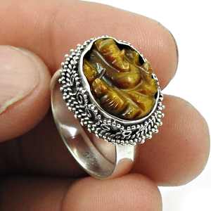 Anillo de Piedra Ojo de Tigre en Oferta con Diseño del Dios Ganesh, Hermoso Anillo Hindú Bohemio en Plata de Ley 925 - Product Image 3