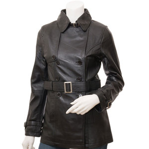 Veste en cuir véritable pour femme, col rabattu, manches longues, couleur unie, fermeture à double boutonnage - Product Image 1