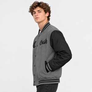 Veste de baseball pour homme grise et noire, style universitaire, avec boutons-pression, poignets côtelés et broderie de lettres - Product Image 4
