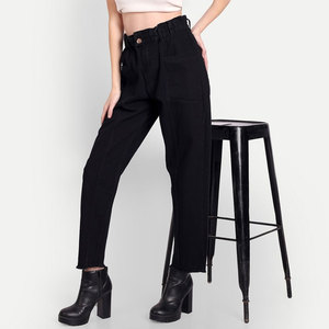 High Waist Black Canvas Harem Pants Women's Casual Loose Fit <b>Ankle</b>-Length With Frayed Edges Button Fly Solid Color Woven Cotton - Product Image 5