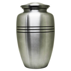 Urne funéraire en métal argenté brossé pour cendres humaines adultes |   Urne funéraire de style américain/européen classique avec bandes noires |   220 Cubic - Product Image 1