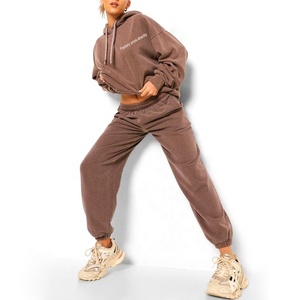 Women's Solid Color Hooded <b>Tracksuit</b> Set Full Sleeve Loose Fit Cotton Sweatshirt and Pants Casual Autumn Wear with Side Pockets - Product Image 1