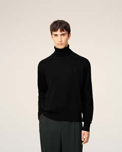 Suéter de Lana Negro para Hombre, Cuello Alto, Diseño Minimalista de Color Sólido, Logotipo Frontal, Ropa de Invierno, Corte Regular, Pullover - Product Image 4