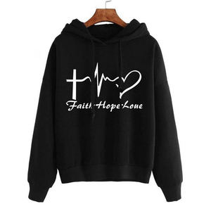 เสื้อสเวตเตอร์มีฮู้ดสีเขียวอมฟ้าสำหรับผู้หญิง พิมพ์ลาย Faith Hope Love แขนยาว ถักทอแบบสวมหัว สวมใส่สบายๆ ในฤดูใบไม้ร่วง - Product Image 2