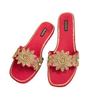 Zapatillas de Moda con Estampado Floral en Tono Rosa Intenso, Bordado a Mano, Parte Superior de Satén, Cuero Genuino, Entresuela Antideslizante - Product Image 1