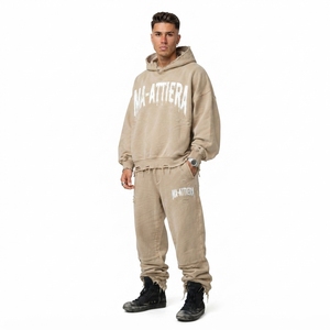 Custom Beige Washed Distressed <b>Oversized</b> Hoodie and Jogger <b>Sweatpants</b> Men Two Piece Streetwear Tracksuit Set - Product Image 1