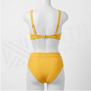 Women Yellow Solid Color Twist Front <b>Bikini</b> <b>Set</b> High Waist Bottom Deep V Neck Spandex Polyester Two Piece Swimwear - Product Image 2