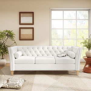 Elegante Divano a 3 Posti Transizionale per Soggiorno, Comodo Divano con Braccioli Svasati, Finiture con Borchie e Gambe in Legno Massello - Product Image 2