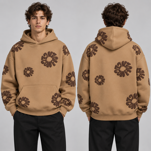 Sweat-shirts gris chiné imprimés en relief à motifs floraux sombres, fabrication OEM, personnalisation d'illustrations, poche kangourou, poignets côtelés, manches longues - Product Image 3