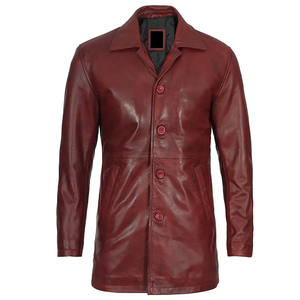 Men's <b>Burgundy</b> Genuine Leather Long <b>Trench</b> <b>Coat</b> Notched Lapel Single Breasted Regular Sleeve - Product Image 1