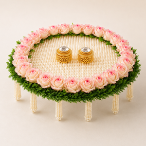 Luxury Pearl Beaded <b>Wedding</b> Ring Platter with Pink Rose Floral Decoration and Golden Ring <b>Boxes</b> for Ceremony luxury <b>wedding</b> ring - Product Image 1