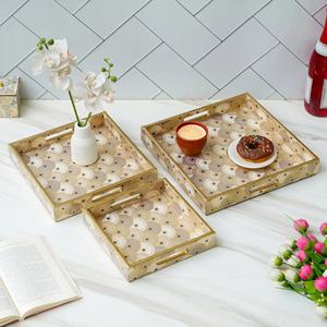 Stylish Modern <b>Golden</b> Finish Epoxy-Coated Wooden Tray Home <b>Decor</b> Printed Multi-Color Enamel Tray - Product Image 5