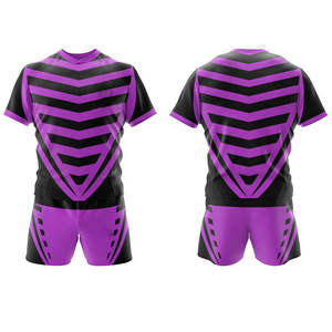 Ensemble de maillot de rugby pour homme, rayé violet et noir, matière de qualité supérieure, manches courtes, polyester respirant, coupe athlétique, toutes tailles - Product Image 1