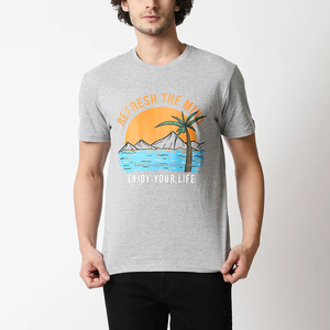 เสื้อยืดคอกลมแขนสั้นสีเทาสำหรับผู้ชายพิมพ์ลายเขตร้อนทรงปกติสไตล์ลำลองแบบถัก - Product Image 3