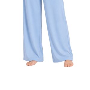 Conjunto de pijama de punto suave para mujer, color blanco y azul cielo, de manga larga, con cárdigan con botones y pantalones anchos. - Product Image 5