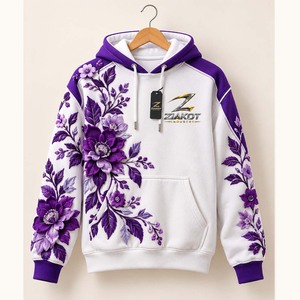 Sudadera con Capucha Deportiva Ziakot, Diseño Floral 3D en Blanco y Morado, Costura Personalizada, Venta al Por Mayor Directa de Fábrica - Product Image 1