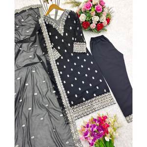 Designer Georgette Embroidery Sequence <b>Lace</b> Work <b>Top</b> Bottom and Dupatta in <b>Black</b> XXL Size - Product Image 4