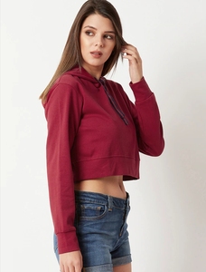 Hoodie court pour femme, couleur bordeaux, manches longues, couleur unie, tricoté, vêtement décontracté, 100% coton, style été - Product Image 3