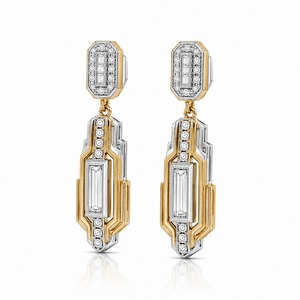 Boucles d'oreilles pendantes géométriques en or massif 18 carats avec diamants taille baguette sertis en canal, bijoux de luxe pour femme pour mariage - Product Image 2