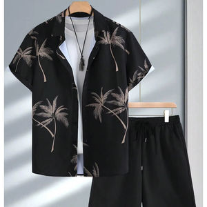 Conjunto de verano para hombre con estampado de atardecer, camisa de manga corta y pantalones cortos de playa a juego, conjunto informal de vacaciones, colorido, ligero, conjunto doble para hombre. - Product Image 1