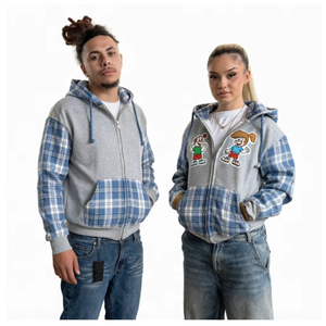 Sweat-shirt à capuche zippé rétro à blocs de couleur et à carreaux, style streetwear, patchwork personnalisé, unisexe, vente en gros, OEM - Product Image 6