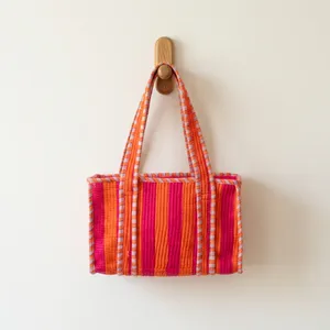 Sac fourre-tout mini en toile rayée bohème avec fermeture éclair, style vintage, orange pour femme, sac à main de shopping rouge toutes saisons - Product Image 2