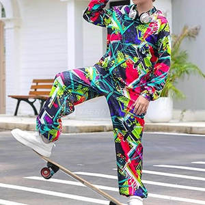 Conjunto Deportivo Unisex con Capucha y Estampado Geométrico, Manga Larga, Corte Holgado, Estilo Urbano, Transpirable, Cintura Elástica, Bolsillos Laterales - Product Image 5