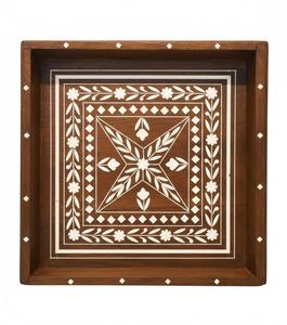 Bandeja de cocina con incrustaciones de hueso - Bandeja cuadrada de madera hecha a mano para sala de estar y mesa de comedor - Product Image 1