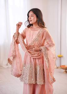 Luxury 3-Piece Silk Sharara Suit - Heavy Zari Dori & Pearl Work | Festive Wedding Collection - Product Image 3