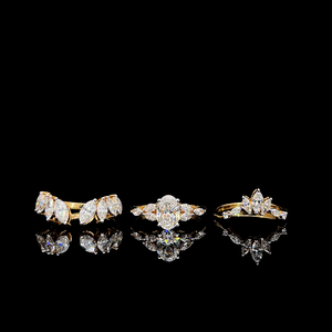 Ensemble de trois bagues empilables élégantes en diamants de laboratoire, serties de pierres ovales et marquises, avec bande incurvée et anneau couronne, pour femmes - Product Image 1