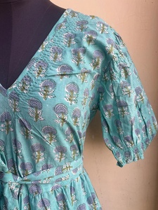 Vestido Maxi Informal para Mujer, 100% Algodón Indio, Estampado a Mano, Cuello en V, Manga Corta, Estampado Floral, Vestido Largo - Product Image 4