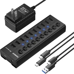 10 ports fast charging function USB 3.0 HUB with swisher black aluminum power adapter usb hub