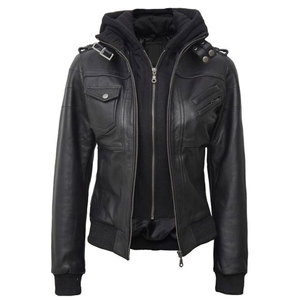 Premium Genuine Black Leather Hooded <b>Jacket</b> Women Detachable Fleece Hoodie Windproof Warm Winter Motorcycle Bomber - Product Image 5