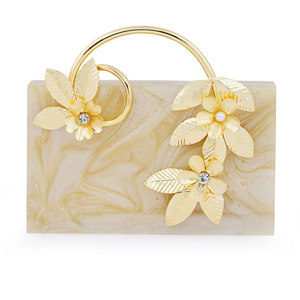 Luxury <b>Gold</b> Floral Resin Clutch <b>Bag</b> with Elegant Metal Flower and Leaf Embellishment, Stylish <b>Evening</b> Party Handbag for Women - Product Image 2